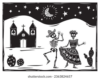 Skull couple dancing on DIA DE LOS MUERTOS. Small village in the background, on a starry night with a moon. Vector illustration