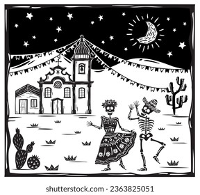 Skull couple dancing in a village with church. DIA DE LOS MUERTOS celebration. Party in a night with moon and stars. Vector woodcut or lino print style