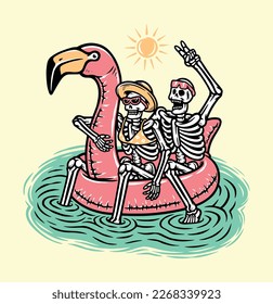 Skull couple on the flamingo float in the sea