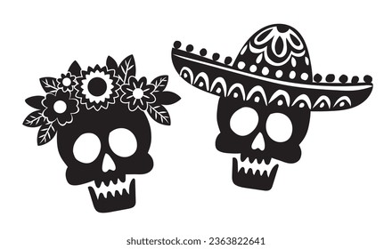 Skull couple with sombrero and flowers for Halloween or DIA DE LOS MUERTOS. Vector illustration in black and white