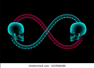Skull couple X-ray with Infinity symbol made from spine, love concept design, side view illustration isolated glow in the dark background, with copy space