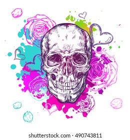 Skull cow boho composition with hand drawn doodles hearts and watercolor paints vector illustration