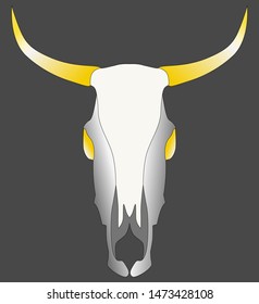 Skull of a cow or bull with golden horns and yellow eye sockets against a dark background.