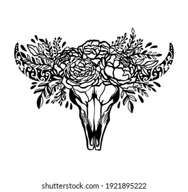 Skull cow flower floral rose.Ethnic symbol decoration native.Boho style american style.Isolated ni white background.Vector illustration.