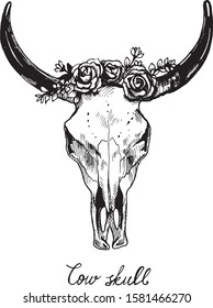 Skull of a cow. Flower wreath. Ink drawing effect. Vector graphics. Bohemian tattoo