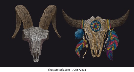 skull of a cow and a goat. Traditional stylish flowery embroidery stitch on a black background. Sketch for printing on fabric, clothing, bag and accessories. vector