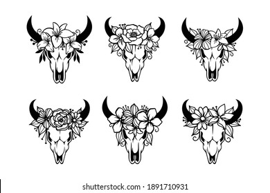 Skull of a cow with horns decorated with flowers svg