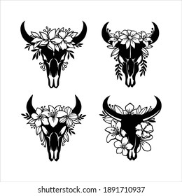 Skull of a cow with horns decorated with flowers svg
