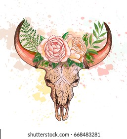 Skull cow and horns  decorated and flowers