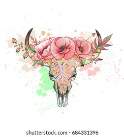 Skull of a cow with horns poppy