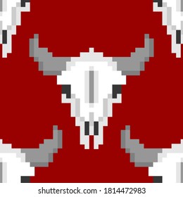 Patrón de arte de píxeles de vaca sin fisuras. Cabeza esquelética del toro 8 bits de fondo. textura vectorial