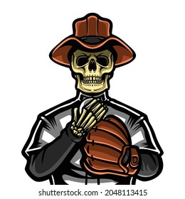 Skull cowboy with baseball jersey cartoon