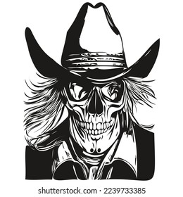 skull cowboy hand drawing, skeleton with cowboy hat  black and white line art