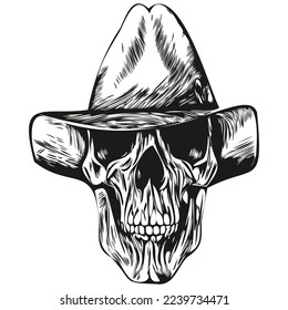 skull cowboy hand drawing, skeleton with cowboy hat  black and white line art