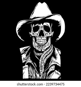 skull cowboy hand drawing, skeleton with cowboy hat  black and white line art