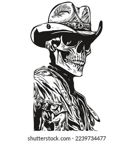 skull cowboy hand drawing, skeleton with cowboy hat  black and white line art