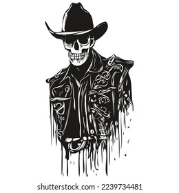 skull cowboy hand drawing, skeleton with cowboy hat  black and white line art