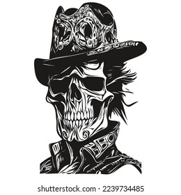 skull cowboy hand drawing, skeleton with cowboy hat  black and white line art
