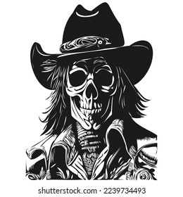 skull cowboy hand drawing, skeleton with cowboy hat  black and white line art