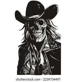 skull cowboy hand drawing, skeleton with cowboy hat  black and white line art