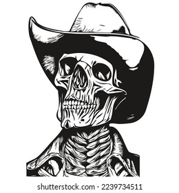 skull cowboy hand drawing, skeleton with cowboy hat  black and white line art