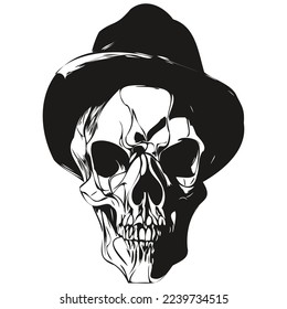 skull cowboy hand drawing, skeleton with cowboy hat  black and white line art