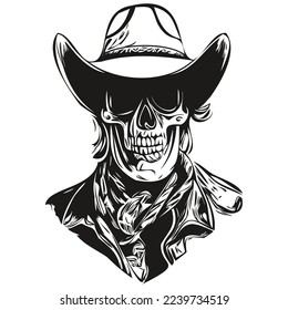 skull cowboy hand drawing, skeleton with cowboy hat  black and white line art