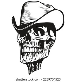 skull cowboy hand drawing, skeleton with cowboy hat  black and white line art