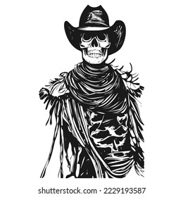 skull cowboy hand drawn vector black and white clip art