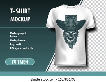 Skull Cowboy with hat and beard. T-Shirt template, fully editable.
