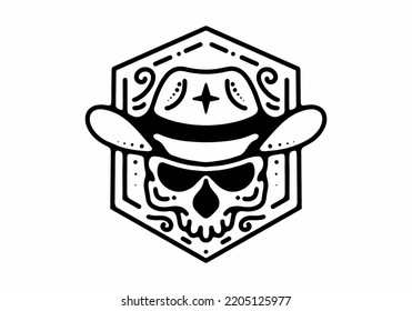 Skull with cowboy hat Black and white line art mono line tattoo design