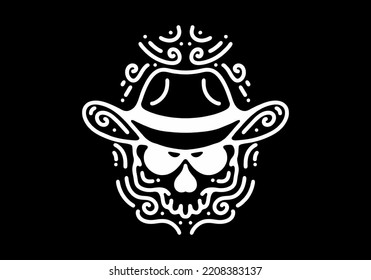 Skull with cowboy hat Black and white line art mono line tattoo design