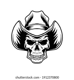 Skull with cowboy hat drawing isolated in white background, lineart drawing.