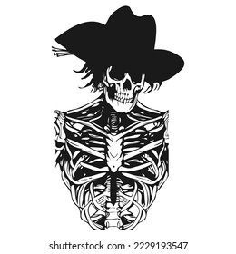 skull with cowboy hat hand drawn vector black and white clip art