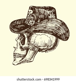 Skull in cowboy hat with skull,  hand drawn doodle, sketch in woodcut style, black and white vector illustration