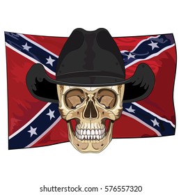 Skull in cowboy hat on background of American Confederate flag, isolated on white, vector illustration