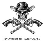 Skull cowboy in hat and a pair of crossed gun revolver handgun six shooter pistols drawn in a vintage retro woodcut etched or engraved style