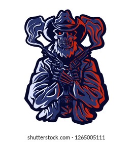 Skull cowboy in hat and a pair of crossed revolver