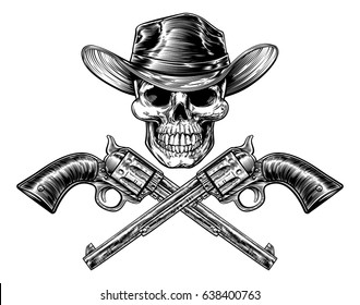 Skull cowboy in hat and a pair of crossed gun revolver handgun six shooter pistols drawn in a vintage retro woodcut etched or engraved style
