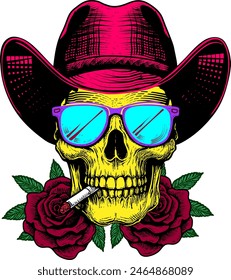 Calavera con sombrero de vaquero y gafas de sol. Ilustración vectorial.