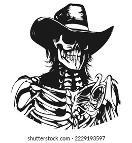 skull with cowboy hat tattoo hand drawn vector black and white clip art