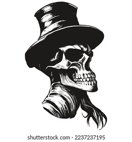 skull cowboy hat tattoo picture vector hand drawn ,black and white clip art
