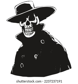 skull cowboy hat tattoo vector hand drawn ,black and white clip art
