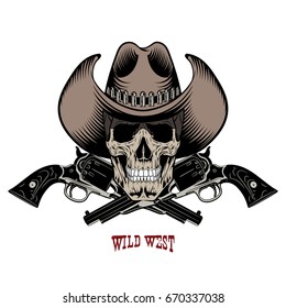 Skull in cowboy hat and two crossed gun, isolated on white, vector illustration