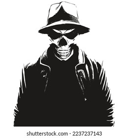 skull with cowboy hat vector hand drawn ,black and white clip art
