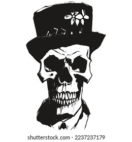 skull in cowboy hat vector hand drawn ,black and white clip art
