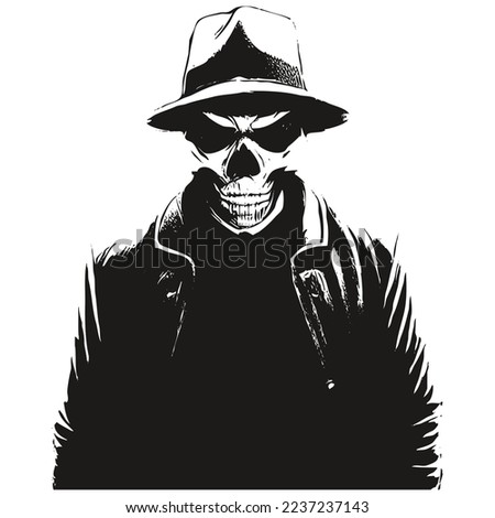 skull with cowboy hat vector hand drawn ,black and white clip art
