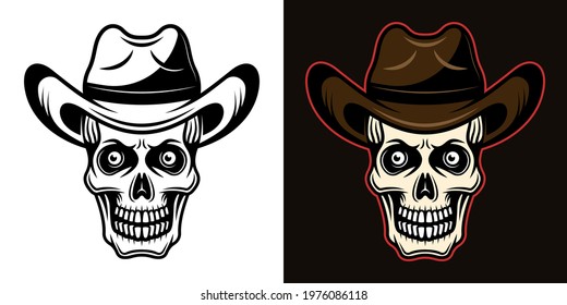 Skull in cowboy hat vector illustration in two styles black on white and colorful on dark background