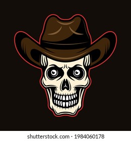 Calavera en la ilustración vectorial de sombrero de vaquero en colorido estilo de caricatura aislado en fondo oscuro