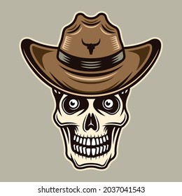 Skull in cowboy hat vector illustration in colorful cartoon style isolated on dark background